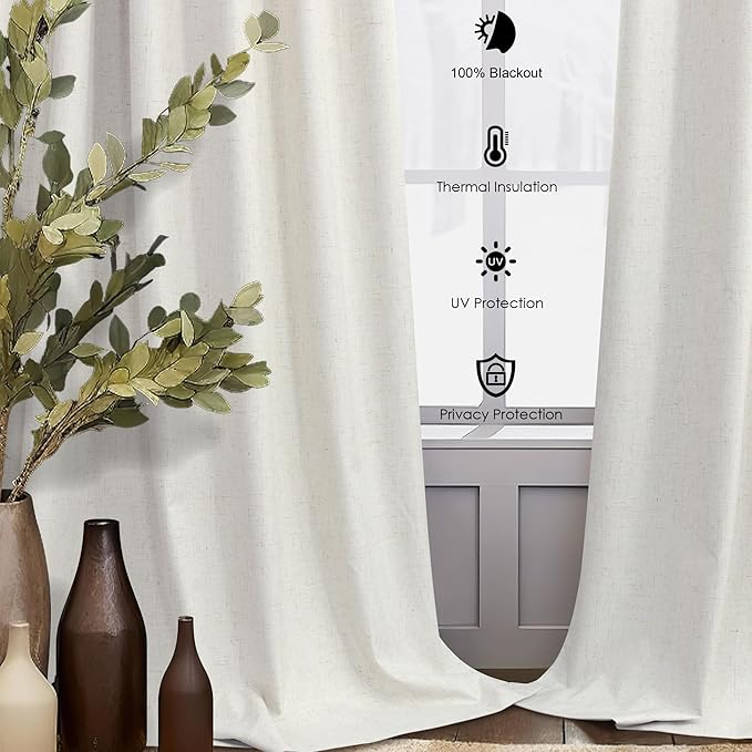 Cream Linen Boho Blackout Curtains 90 Inches Long Length 2 Panel Set Sliding Glass Door Sun Heat Blocking Curtain for Bedroom Living Room Darkening Insulating Drape Country Style Farmhouse Cottagecore
