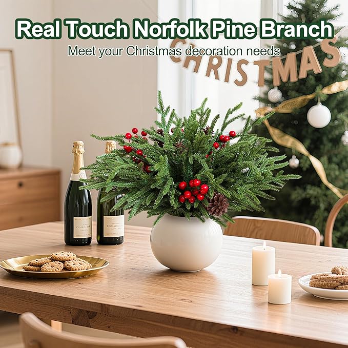 24 Pcs Christmas Norfolk Pine Stems, Realistic DIY Artificial Pine Branches for Christmas Decorations