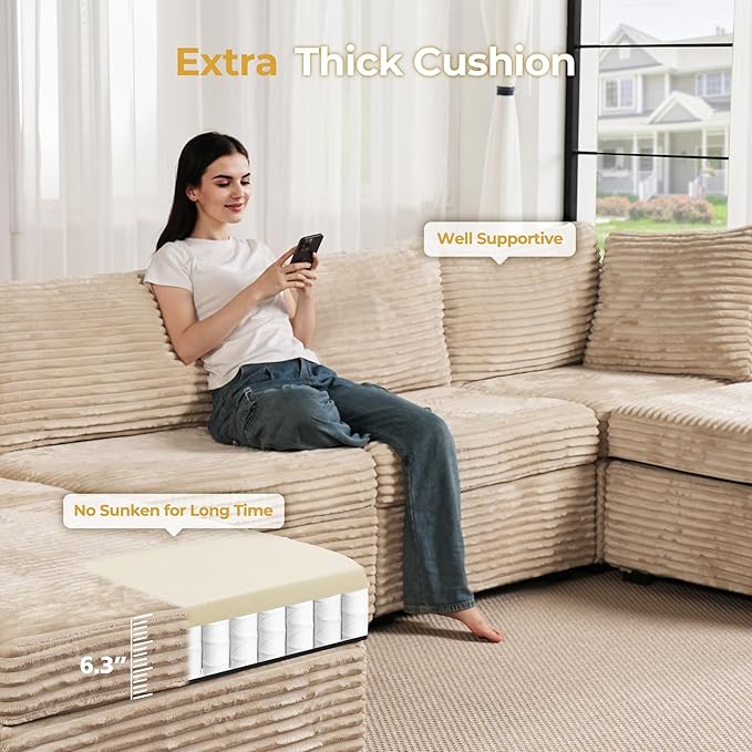HOOOWOOO Modular Sectional Sofa,7 Pieces Sectional Couches for Living Room,131X66 U Shaped Cloud Couch with Ottoman Chaise Set(Beige Velvet Corduroy)