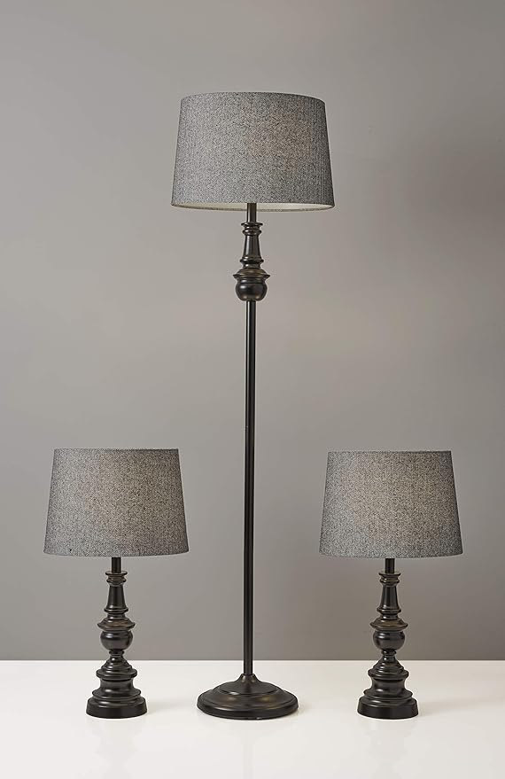 Adesso 3-Piece Lamp Set: Two Table Lamps & One Floor Lamp – Bronze Finished Base, Dark Herringbone Shade, Stylish and Cohesive Lighting for Any Space