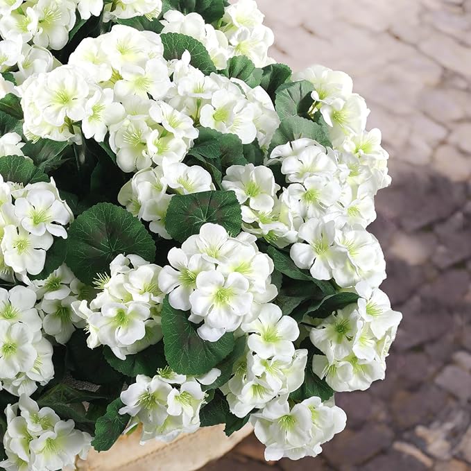 Hananona 12 Pcs Artificial Geranium Flowers for Outdoors Geranium Silk White Flower Outdoor UV Resistant Garden Plants Faux Flowers for Home Kitchen WeddingTable Centerpieces Decor (12, White)