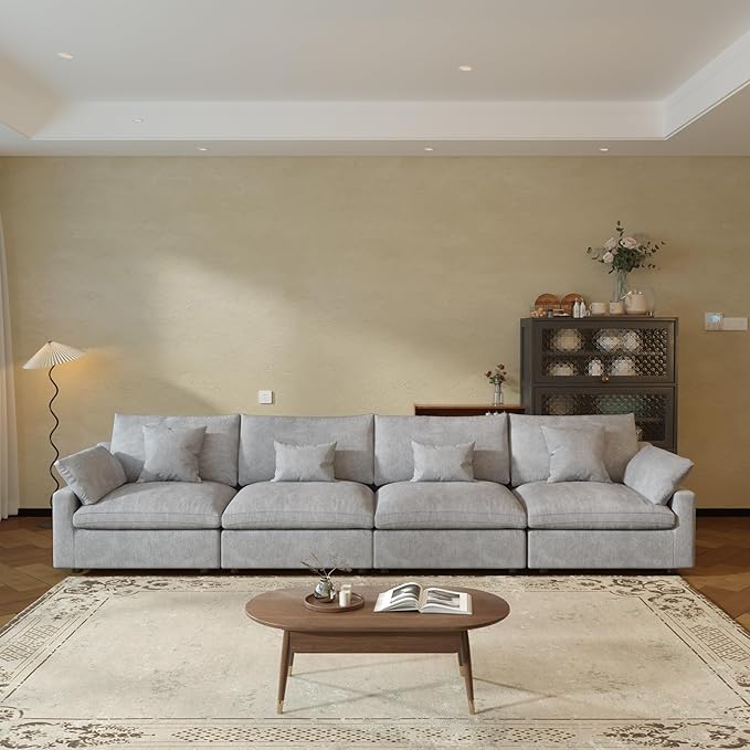 JACH Sectional Couches for Living Room, 4 Seater Cloud Sectional Couch with Deep Seat, Down Filled Modular Sofa, Covers Removeable & Washable, Sofas Furniture for Living Room, Light Grey
