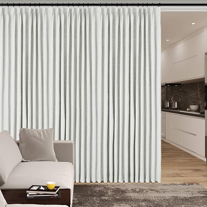 Full Blackout Privacy Curtains, 240 Inch Extra Wide Linen Blend Drapes, Pinch Pleat Window Drapery for Room Divider Storage/Space Room Separation, 1 Panel, W 240" x L 96", Greyish White