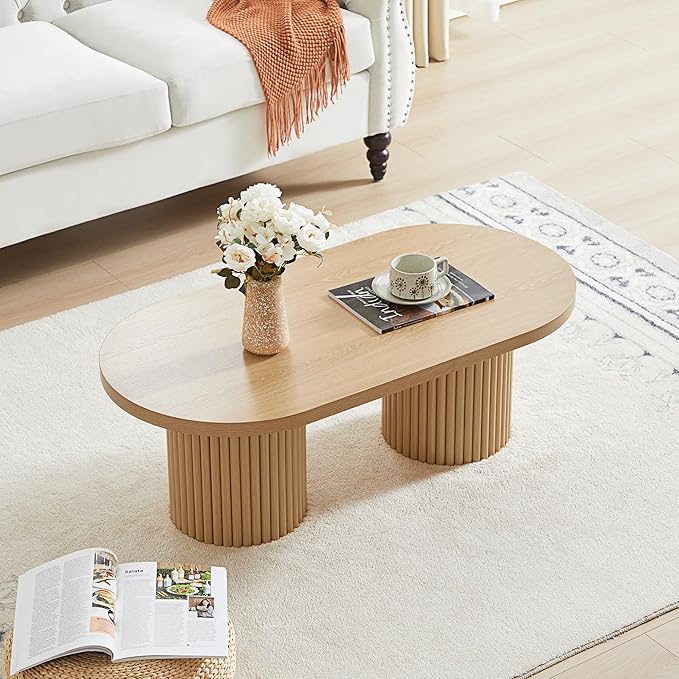 Oval Fluted Coffee Table, Farmhouse Wood Coffee Table Mid Century Modern Center Table Boho Living Room Tables for Living Room Office (Natural, 19.69" D x 39.38" W x 13.78" H)