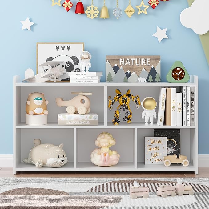 Book Shelf Set of 2, 5 Cubes Storage Organizer, Freestanding White Bookshelf Cube Shelf for Bedroom, Living Room, Home Office, Open Bookshelf Wooden Bookcase