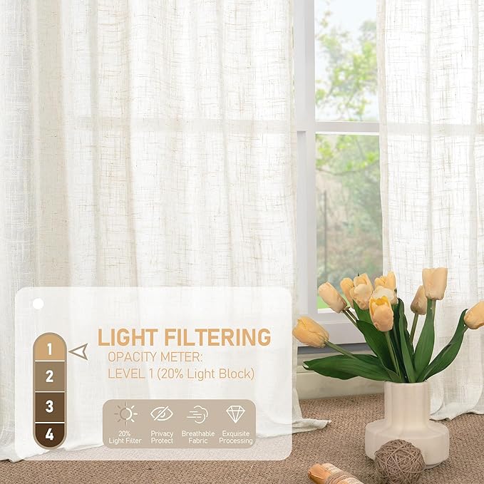 LAMIT Linen Semi Sheer Curtains 63 Inch Length, Light Filtering Neutral Window Bedroom Curtains Farmhouse Boho Bronze Grommet Drapes for Kitchen/Living Room, Cream, 2 Panels, 34 x 63 Inch