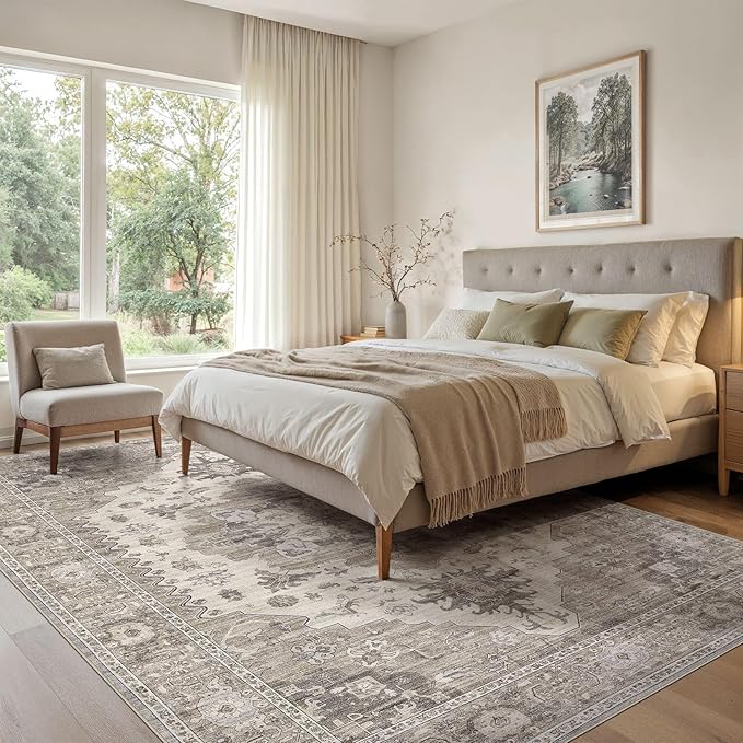 Washable Area Rugs for Living Room -7x10 Neutral Vintage Distressed Floral Farmhouse Boho Large Soft Floor Rug Indoor Non Slip Carpet for Living Room Bedroom Dining Room Office-Brown/Beige