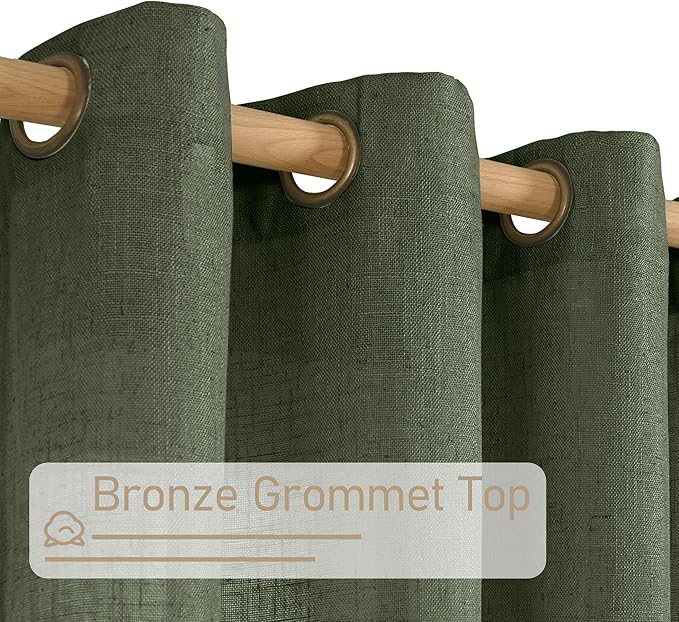 LAMIT Olive Green Linen Curtains 63 Inch Length 2 Panels for Bedroom, Light Filtering Window Treatments Semi Sheer Neutral Drapes with Bronze Grommet for Farmhouse, 34 X 63 Inch