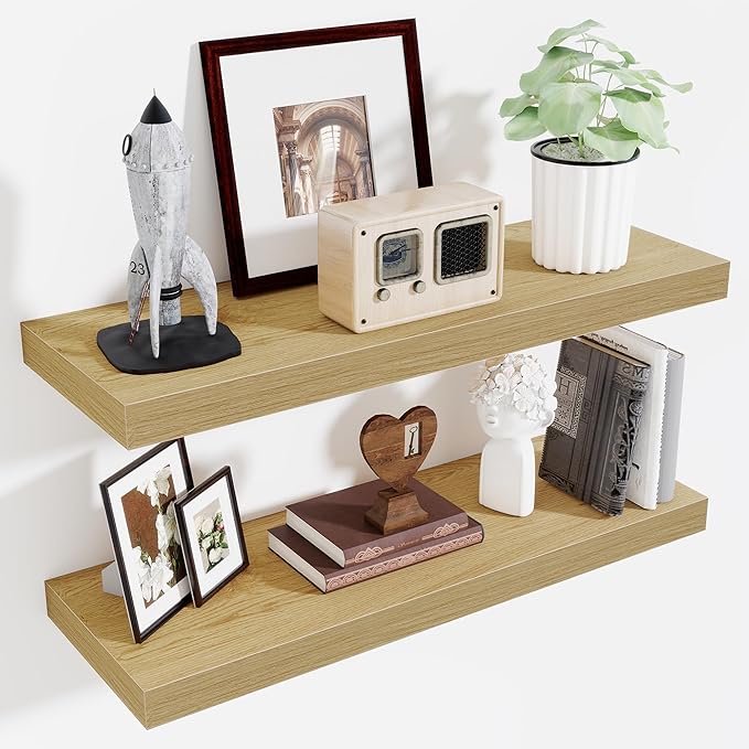Fun Memories 32 x 10 Floating Shelves Wall-Mounted - Rustic Wood Shelf - 10 Inch Deep Floating Shelves for Wall - Large Storage Shelf for Bathroom - Kitchen & Bedroom - Oak - Set of 2