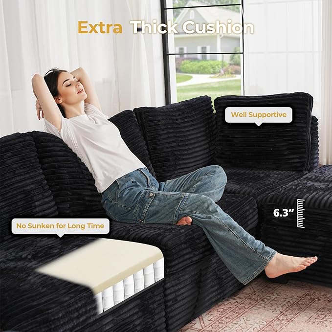 HOOOWOOO Modular Sectional Sofa,6 Pieces Sectional Couches for Living Room,98X98 L Shaped Cloud Couch with Ottoman Chaise Set(Black Velvet Corduroy)