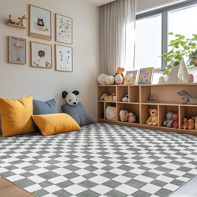 jinchan 8x10 Checkered Area Rugs for Kids Room - Machine Washable Soft Rug Modern Geometric Lattice Non-Slip Carpet for Nursery Playroom Classroom Living Room Bedroom Dining Room Home Office Grey