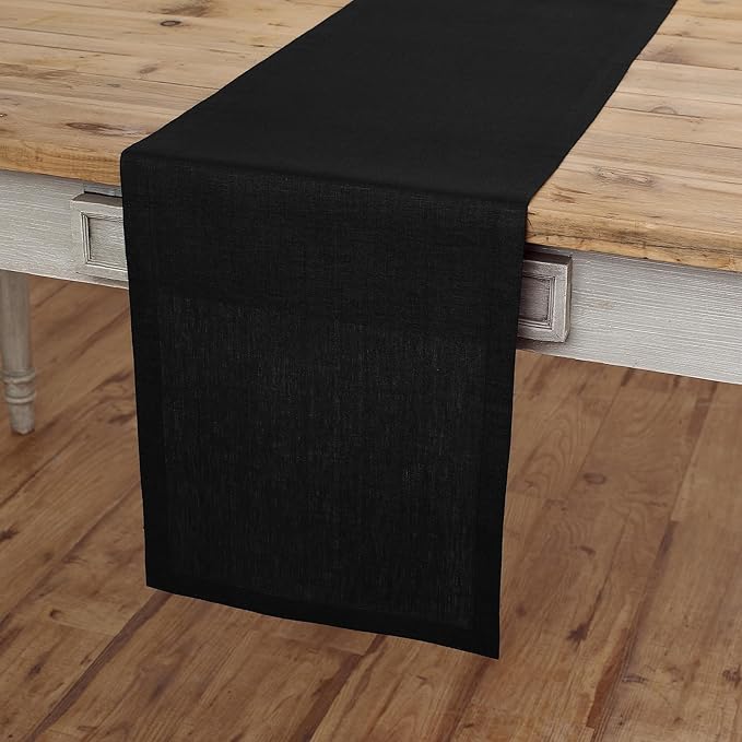 Solino Home Linen Black Table Runner 48 Inches - 100% Pure Linen Small Table Runner 14 x 48 Inch Ideal for Dresser and Coffee Tables - Fall, Autumn, Halloween, Thanksgiving - Fete