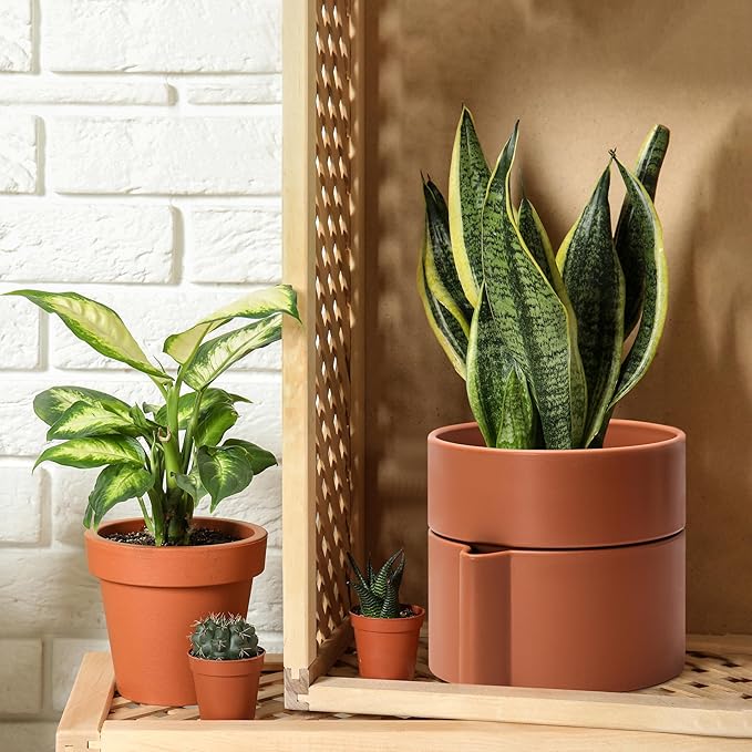 8 Inch Self-Watering Planter Pot with Terracotta Insert, Deep Water Reservoir, and Ceramic-Alike BPA-Free Plastic Planter Pot for Plant, Modern Planter for Houseplants, Terracotta, 53-A-T-3