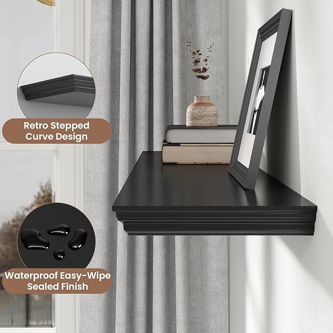 Floating Shelves for Wall, 24 Inch Long Wall Mounted Black Hanging Shelf for Kitchen, Living Room, Office, Bedroom, Bathroom, Retro Vintage Wood Bookshelf for House Decor