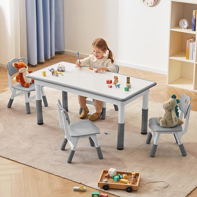 Kids Study Table and Chairs Set, Height Adjustable Toddler Table and Chair Set for Kids Ages 3-8, Graffiti Desktop (Grey)