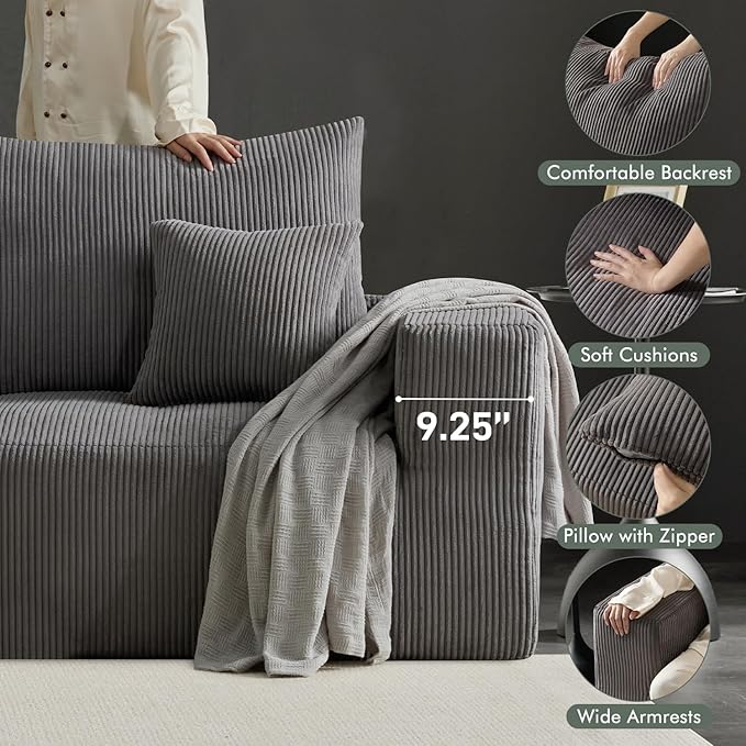 Boneless Sectional Cloud Couch Sofa Bed for Living Room, 112" Modular Modern Lounge 3 Seater Sleeper Grey Couches with Chaise, No Assemble, Cordury Compression Upholstered Sofas