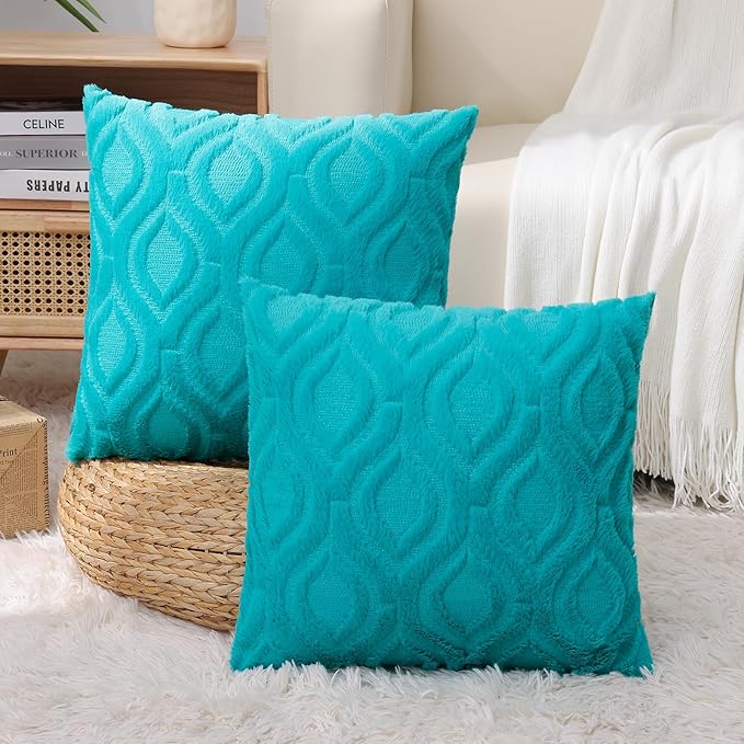 decorUhome Fall Throw Pillow Covers 18x18 Inch Set of 2, Soft Plush Decorative Faux Fur Turquoise Solid Couch Pillow Covers, Accent Farmhouse Neutral Square Euro Pillow Cases for Sofa Bed Living Room
