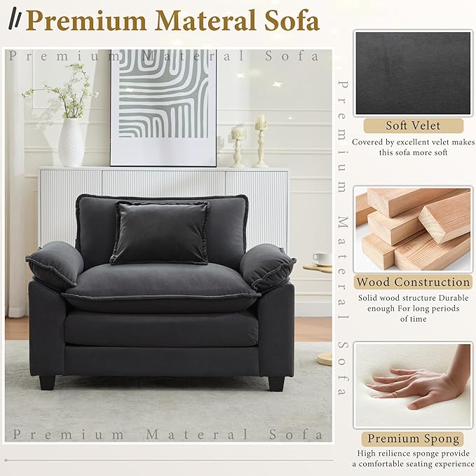 URRED Modular Sectional Sofa Comfy Cloud Couch, Modern Velvet Sofa Sleeper Deep Seat Couches with Ottoman/Pillows for Living Room (Dark Gray, 53'')