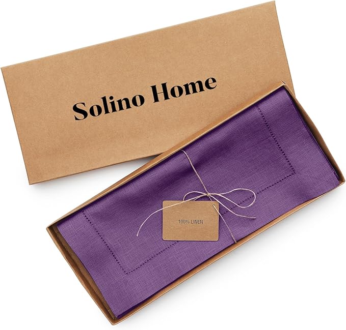 Solino Home Linen Purple Table Runner 48 Inches - Classic Hemstitch, 100% Pure Linen Coffee Table Runner 14 x 48 Inch Ideal for Dresser Tables - Fall, Autumn, Halloween, Thanksgiving