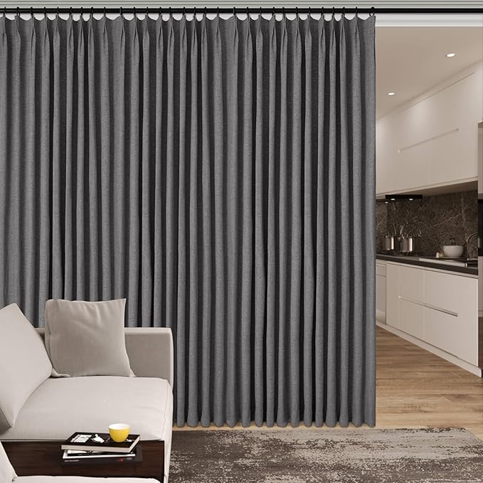 70" W x 108" L Faux Linen Room Divider Curtains, Full Blackout Pinch Pleated Drapes for Traverse Rod, Bedroom Divider Privacy Drapery with Hooks for Ceiling Track, 1 Panel, Natural Grey