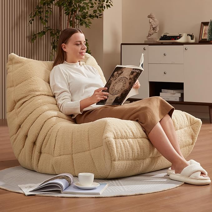 Bean Bag Chairs for Adults Giant Bean Bag Chair Memory Foam BeanBag Chair Big Bean Bag Sofa with Filler Faux Fur Fireside Beanbags Lazy Sofa for Living Room Bedroom Dorm Office (Khaki Teddy)