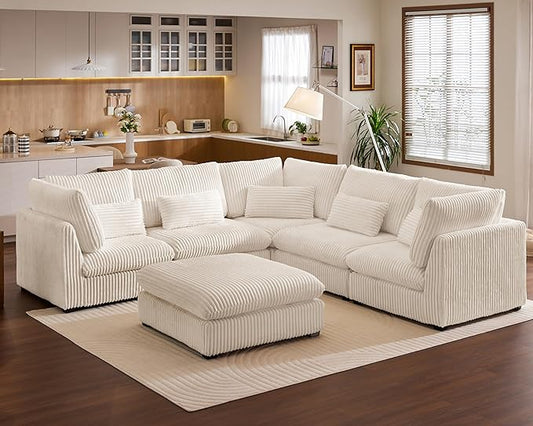 Oversized Modular Sofa, Extra Deep Cloud Corduroy Sectional Couch with Ottoman Chaise, Fluffy Chenille Corner V Shape Sofa for Living Room, Villa (Corner V Shape+Ottoman, Corduroy White)