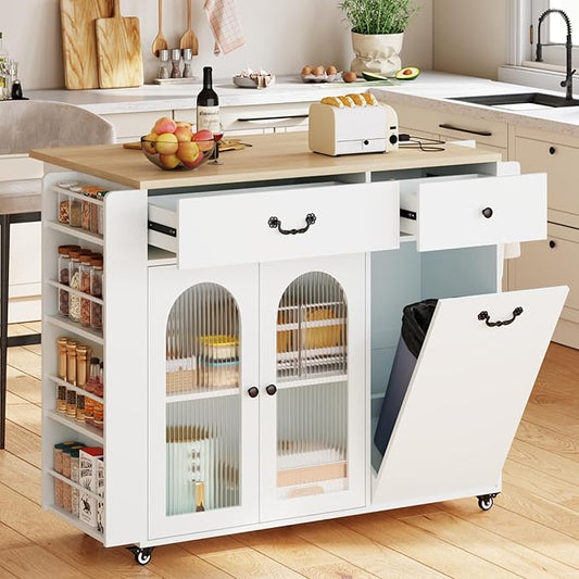 Kitchen Island with Drop Leaf & Power Outlet, Rolling Kitchen Island on Wheels with Trash Can Storage, Island Table Bar Cart with Spice Rack, Towel Rack, Drawers, Mobile Kitchen Carts on Wheels