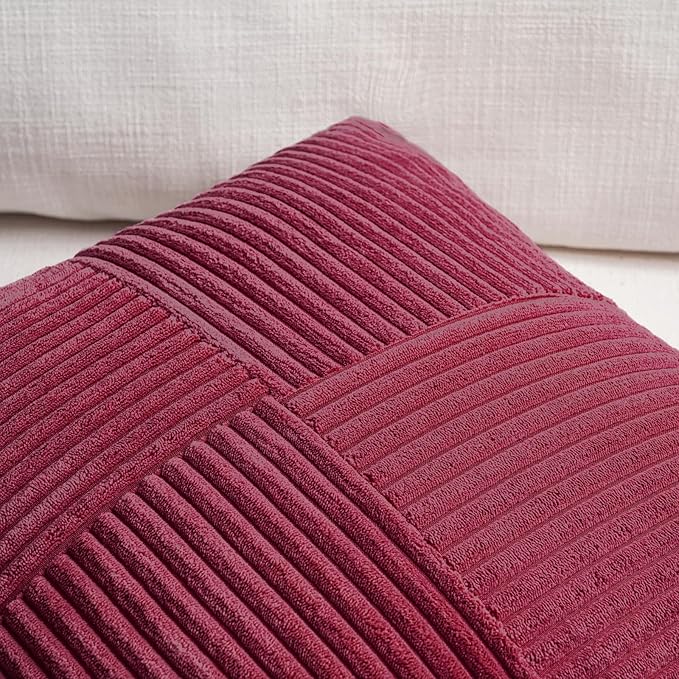 Fancy Homi 2 Packs Burgundy Euro Decorative Throw Pillow Covers 26x26 Inch for Living Room Bed, Rustic Farmhouse Boho Home Decor, Soft Corss Corduroy Patchwork Textured Square Cushion Case 66x66 cm