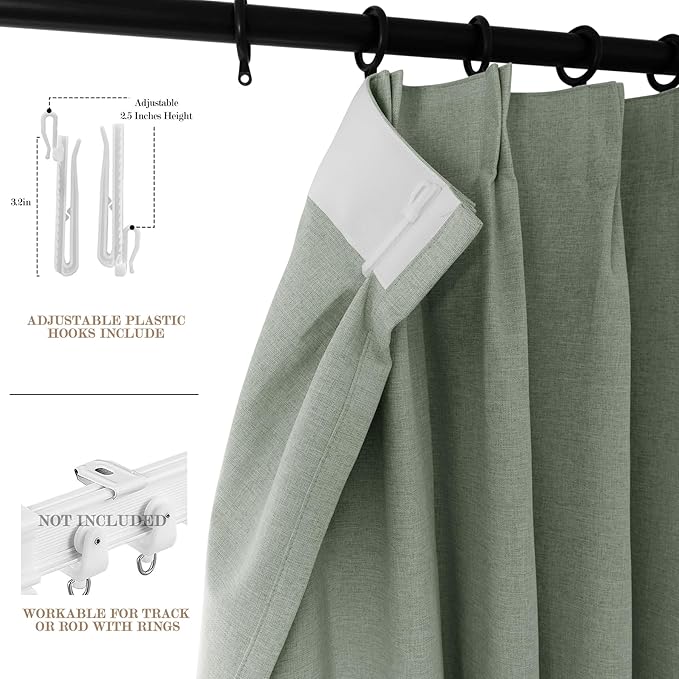 Extra Wide 100% Blackout Linen Textured Curtains - Room Dividers, W200 x L84 (1 Panel), Pinch Pleat Drapes for Living Room, Full Light Block Out Drapery for Sliding Door, Fog Green