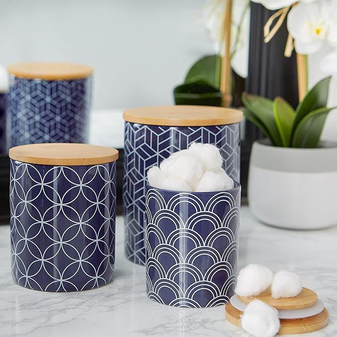 DII Kitchen Ceramics Collection, Canister Set, Mixed Print, Nautical Blue, 3 Piece