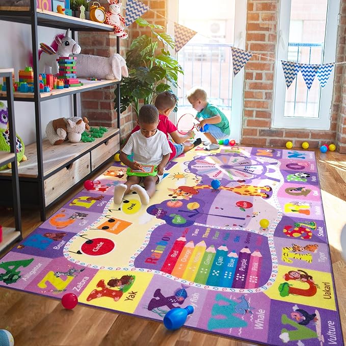 Kids Rugs for Playroom Bedroom Classroom Nursery, Non-Slip and Washable Rugs for Children Toddlers Girls, Educational and Fun Rug Carpets with ABC Alphabet Animals Shapes, 4x6, Purple