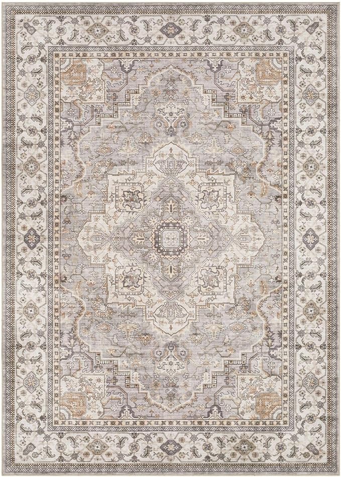 Washable Area Rugs for Living Room - 9x12 Neutral Vintage Distressed Floral Farmhouse Boho Large Soft Floor Rug Indoor Non Slip Carpet for Bedroom Dining Room Office - Grey Brown