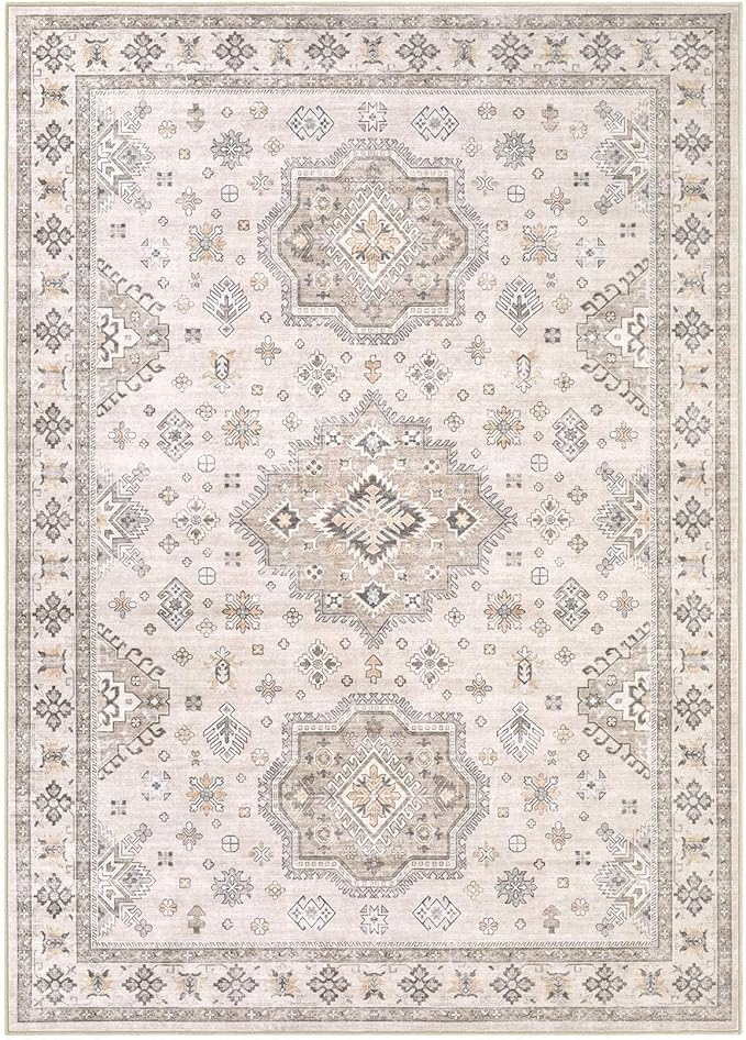 Washable Area Rugs for Living Room - 5x7 Neutral Vintage Distressed Floral Farmhouse Boho Large Soft Floor Rug Indoor Non Slip Carpet for Living Room Bedroom Dining Room Office - Beige Brown