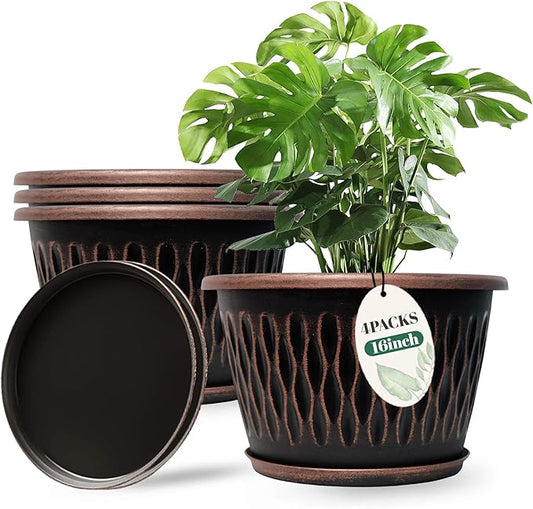 4 Pack 16 Inch Retro Plant Pots, Vintage Striped Flower Pots with Drainage Hole & Saucer, Large Plastic Planters for Indoor and Outdoor Plants, Decorative Garden Pots(Copper)
