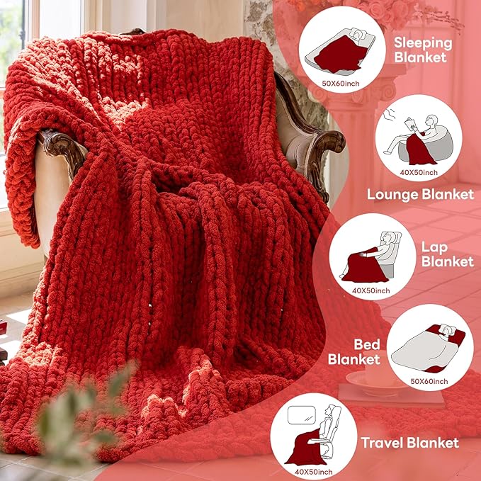 Chunky Knit Blanket - Luxury Soft Cozy 40 * 50 Throw Blanket,100% Woven Blanket Rope Knot Throw Blanket for Couch, Sofa, Home Decor, Gift - Machine Washable（Wine red）
