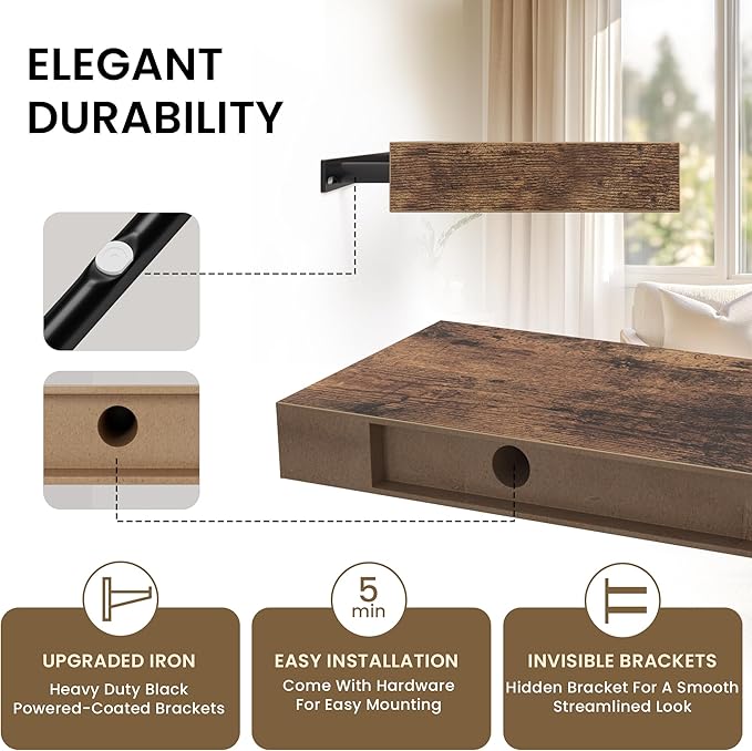 Floating Shelves for Wall, 55"W x 9.3"D x 1.5"H, Long Wooden Wall Mounted Display Shelf with Invisible Brackets for Living Room, Bedroom, Bathroom, Kitchen Decor & Storage,Set of 1,Rustic Brown