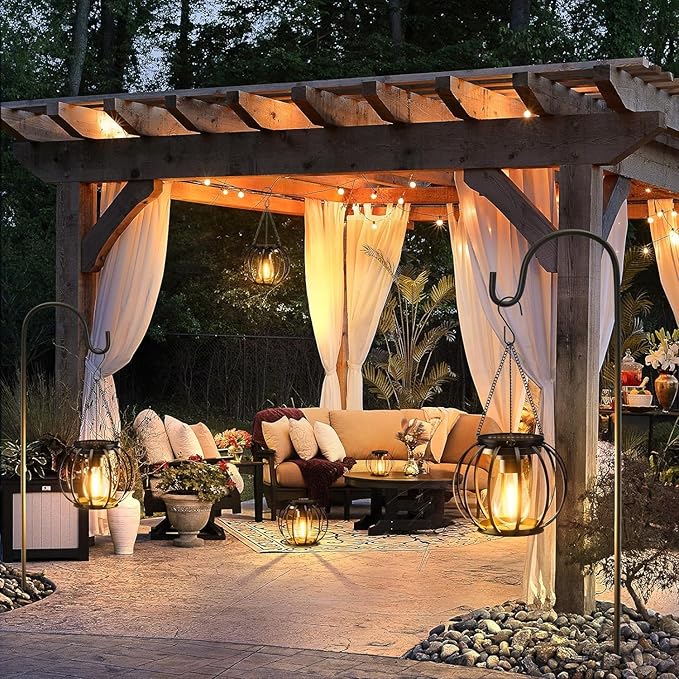 KOOPER Solar Lanterns Outdoor Waterproof, 4 Pack Upgraded Metal Hanging Solar Lights Outdoor Lanterns, Brighter Auto On/Off Outdoor Hanging Lantern for Yard Patio Pathway Porch Garden Decor