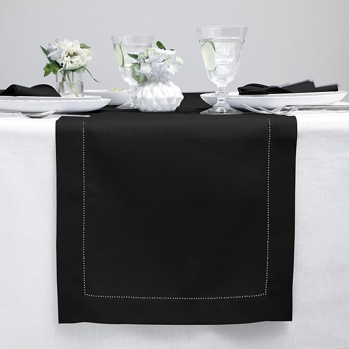 Solino Home Linen Black Table Runner 48 Inches - Classic Hemstitch, 100% Pure Linen Coffee Table Runner 14 x 48 Inch Ideal for Dresser Tables - Fall, Autumn, Halloween, Thanksgiving