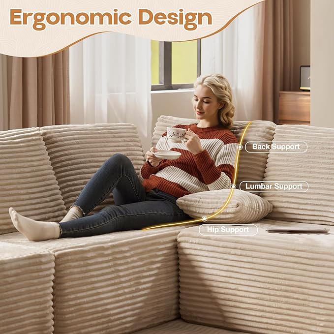 Cloud Sectional Couches for Living Room,U Shaped Modular Sofas No Assembly,135x100 Inches Plush Corduroy Oversized Floor Couch Set with Deep Seat Chaise,Beige