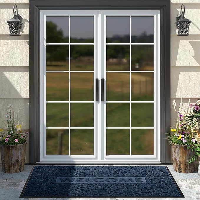 Yimobra Welcome Front Door Mat Outdoor, Heavy Duty Sturdy Non Slip Doormats, Rubber Backing, Low-Profile Entrance Rugs, Absorbent Resist Dirt, Easy Clean Patio Garage Floor Mats, 60X36 Inch, Blue