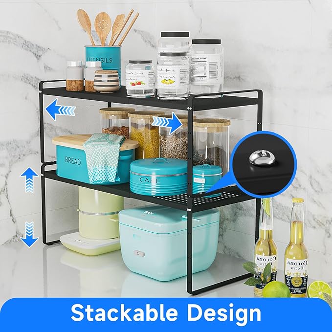 Expandable Kitchen Shelf Organizers, Kitchen Cabinet Organizer Stand Rack Organization for Countertop Cupborad Pantry, Black 3 Pack