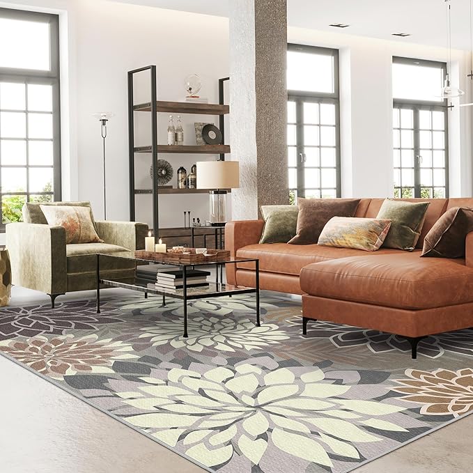 Indoor Outdoor Area Rug Washable Multicolored Patio Rug Tropical Botanical Modern Floral Indoor Outdoor Carpet Brown White Rug Non Slip Non Shedding for Patio, Deck, Backyard, Porch (8x10)