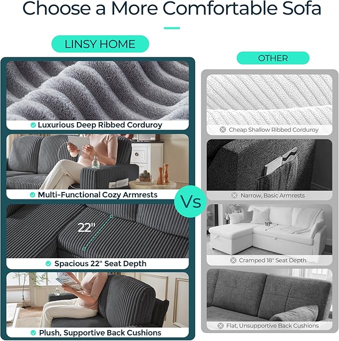 LINSY HOME Sectional Sleeper Sofa with Pull Out Couch Bed - Convertible Plush Corduroy Cloud Couch with Storage Chaise & USB Charging, Comfy U Shaped Modular Couches for Living Room, Grey
