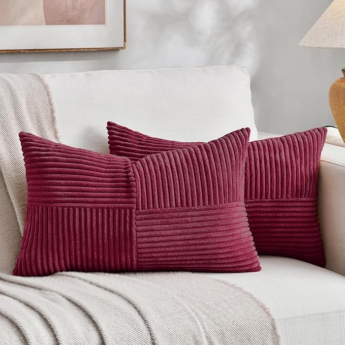 Fancy Homi 2 Packs Burgundy Lumbar Decorative Throw Pillow Covers 20x28 Inch for Living Room Couch Bed, Farmhouse Boho Home Decor, Soft Striped Corduroy Rectangle Accent Cushion Case 50x70 cm