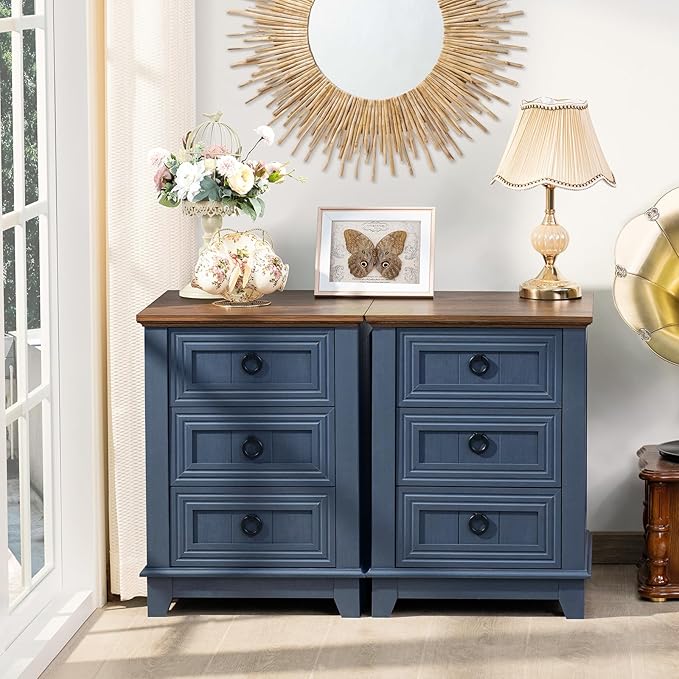 Night Stand Set of 2, Farmhouse 18" End Table with 3 Drawer Metal Handle, Dresser for Bedroom, Sofa Bed Side Table Chest of Drawers,Wood Nightstand Cabinet for Organizer, Living Room-Blue