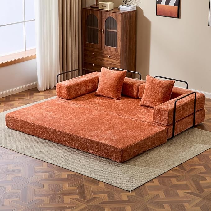 Convertible Sleeper Sofa Bed, Compression Folding Sofa with Pillow, No Assembly Required, Shape Frame, Floor Sofas Lounge Couch for Living Room, Bedroom, Small Spaces (Chenille, 77''W, Orange)