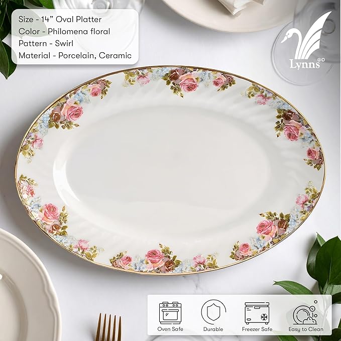 Lynns Paradise Philomena 14-Inch Oval Platter, Set of 2, Pink; Heavy Duty; Chip Resistant; Lead and Cadmium Free; Freezer to Oven Safe up to 500°F