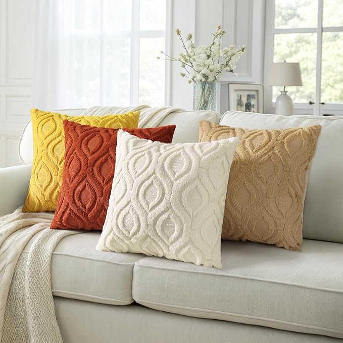 decorUhome Throw Pillow Covers 26x26 Inch Set of 2, Soft Plush Decorative Faux Fur Mustard Yellow Solid Couch Pillow Covers, Accent Farmhouse Neutral Square Euro Pillow Cases for Sofa Bed Living Room