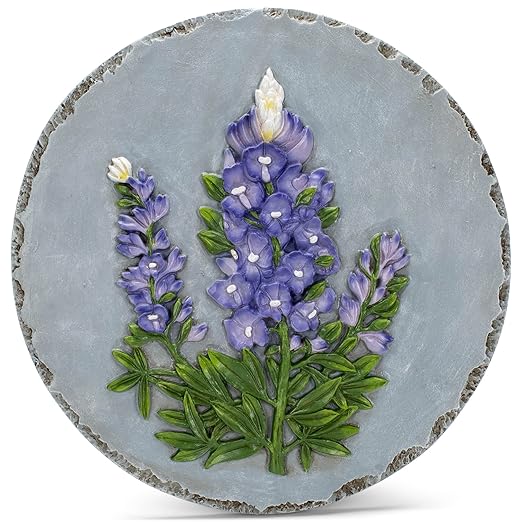 NAT & Jules Floral Colorful Dimensional Indoor Outdoor 12 inch Round Cast Resin Decorative Garden Stepping Stone, Patio, Walkway Sculpture Yard Art, Bluebonnet