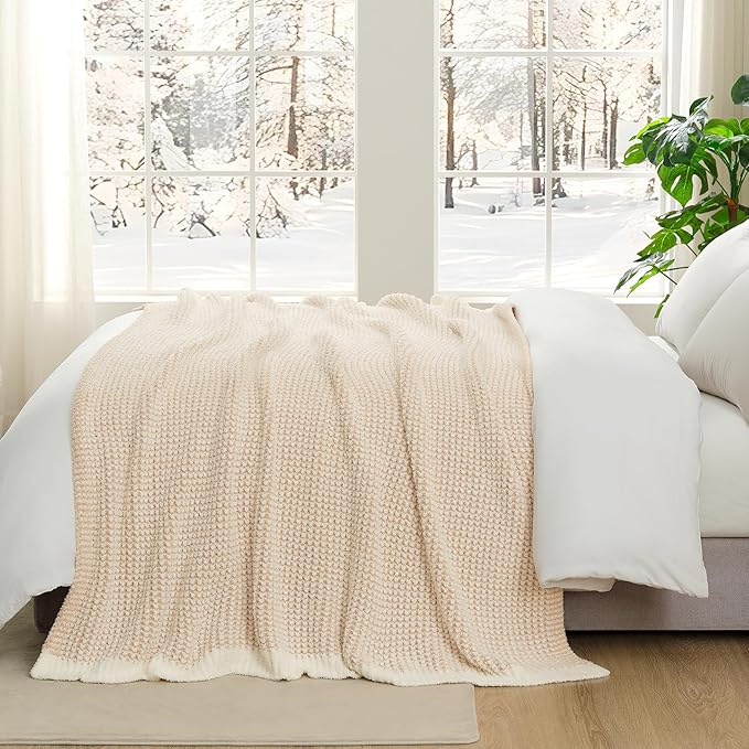 Snuggle Sac Cream Waffle Throw Blanket for Couch Bed Sofa 50x60 inches, Reversible Beige Blanket Microfiber Fluffy Fuzzy Cozy Knit Soft Throws for Women Mothers Birthday Gifts